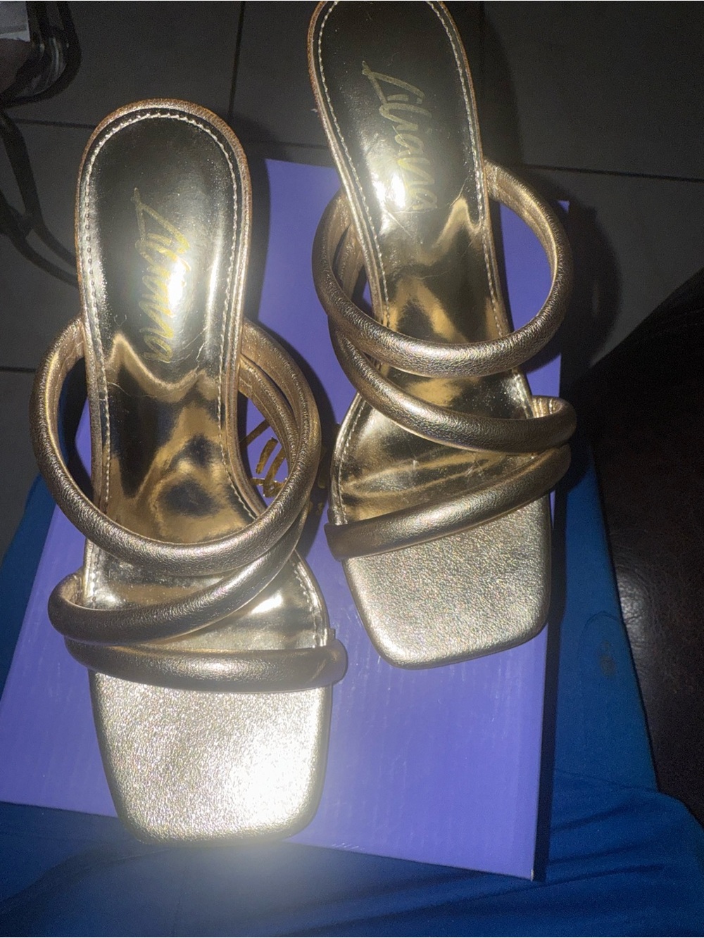 Liliana Gold Metallic Three-Strap Slide Heels